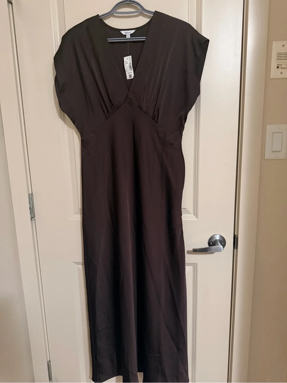 Elegant Chocolate Brown Satin V-Neck Maxi Dress - Picture 5 of 6